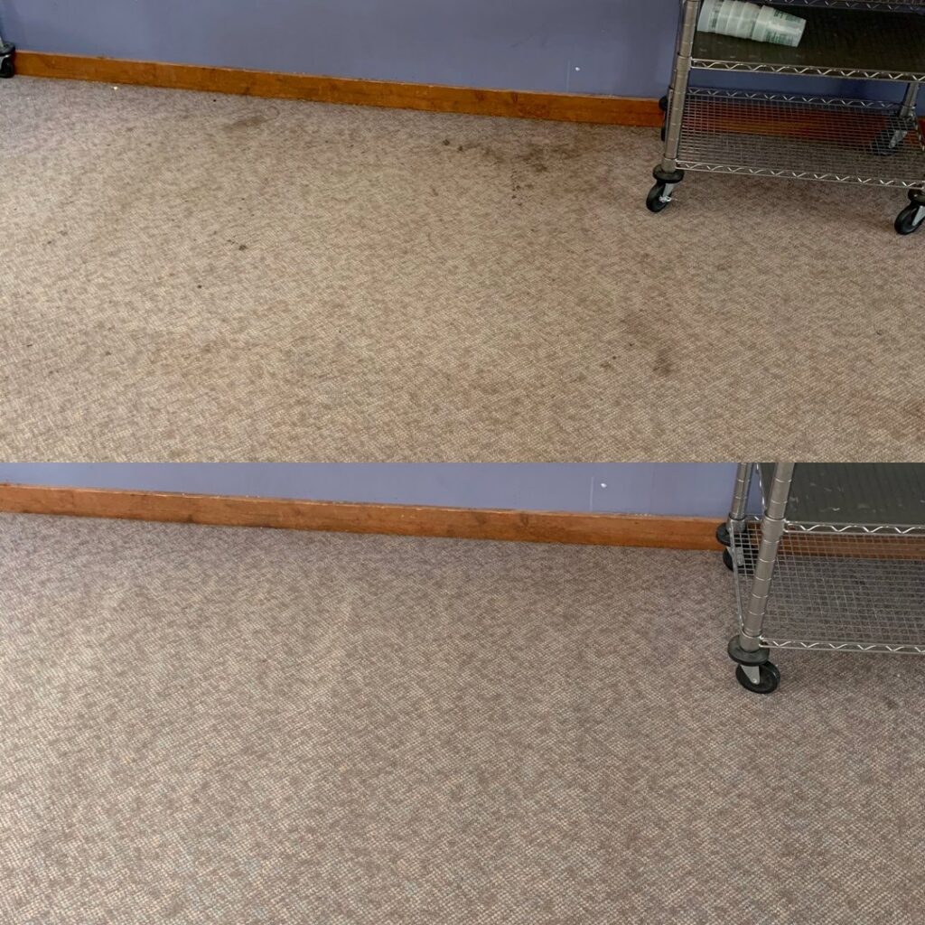 A commercial carpet showing a significant improvement after cleaning by Columbia Carpet Cleaning in Columbia, MO.