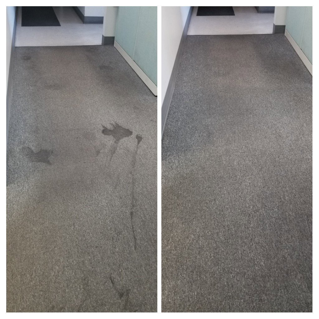 Before and after view of commercial carpet cleaning service by Drew's Cleaning and Restoration in Jamestown, NC.