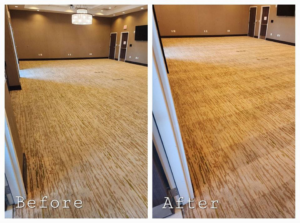 Before and after comparison of commercial carpet cleaning in a large room by Hawkins Carpet Cleaning in Owensboro, KY