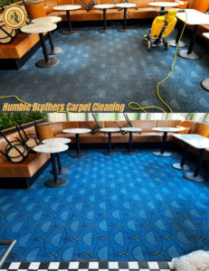 Before and after commercial carpet cleaning in a lounge area by Humble Brothers Carpet Cleaning in Durham, NC.