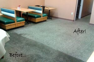Before and after comparison of commercial carpet cleaning by Metro Steamway Inc. in Charlotte, NC.