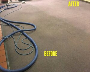 Commercial carpet before and after cleaning, with equipment, by Mint Carpet Care in Dallas, TX