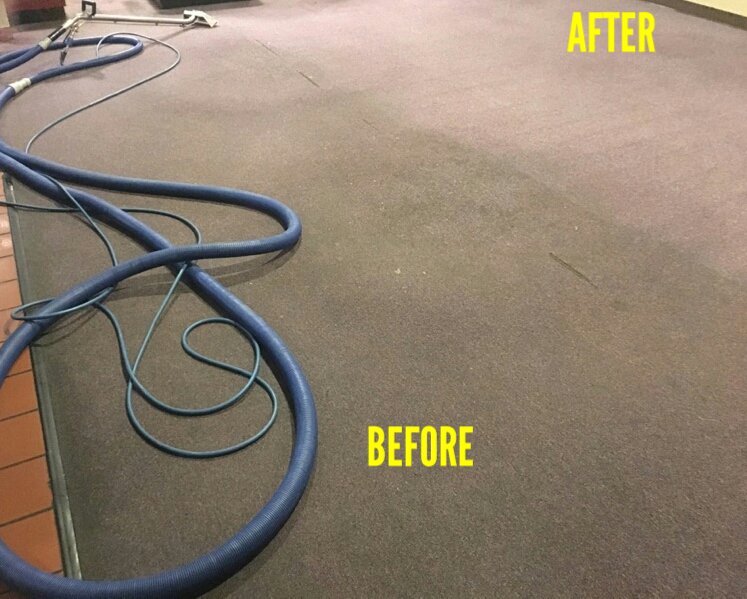 Commercial carpet before and after cleaning, with equipment, by Mint Carpet Care in Dallas, TX