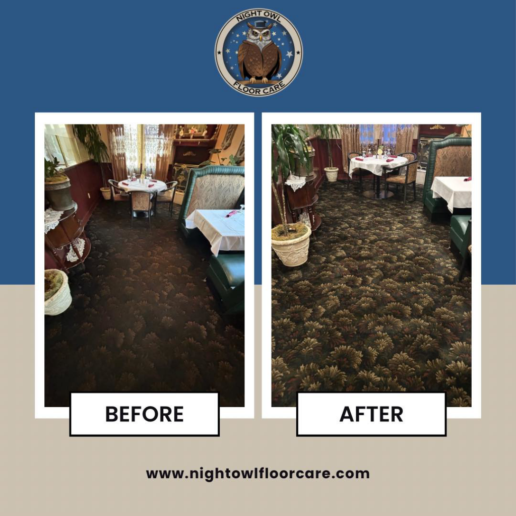 Before and after photos of commercial carpet cleaning in a dining area by Night Owl Floor Care in Wasilla, AK.