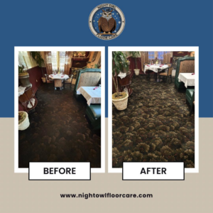 Before and after photos of commercial carpet cleaning in a dining area by Night Owl Floor Care in Wasilla, AK.