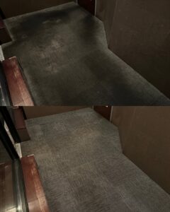 Before and after comparison of a dark patterned commercial carpet, demonstrating effective cleaning by Strictly Tile & Carpet Care in Lansing, MI.
