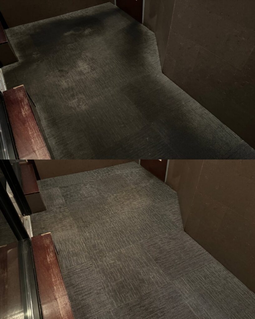 Before and after comparison of a dark patterned commercial carpet, demonstrating effective cleaning by Strictly Tile & Carpet Care in Lansing, MI.
