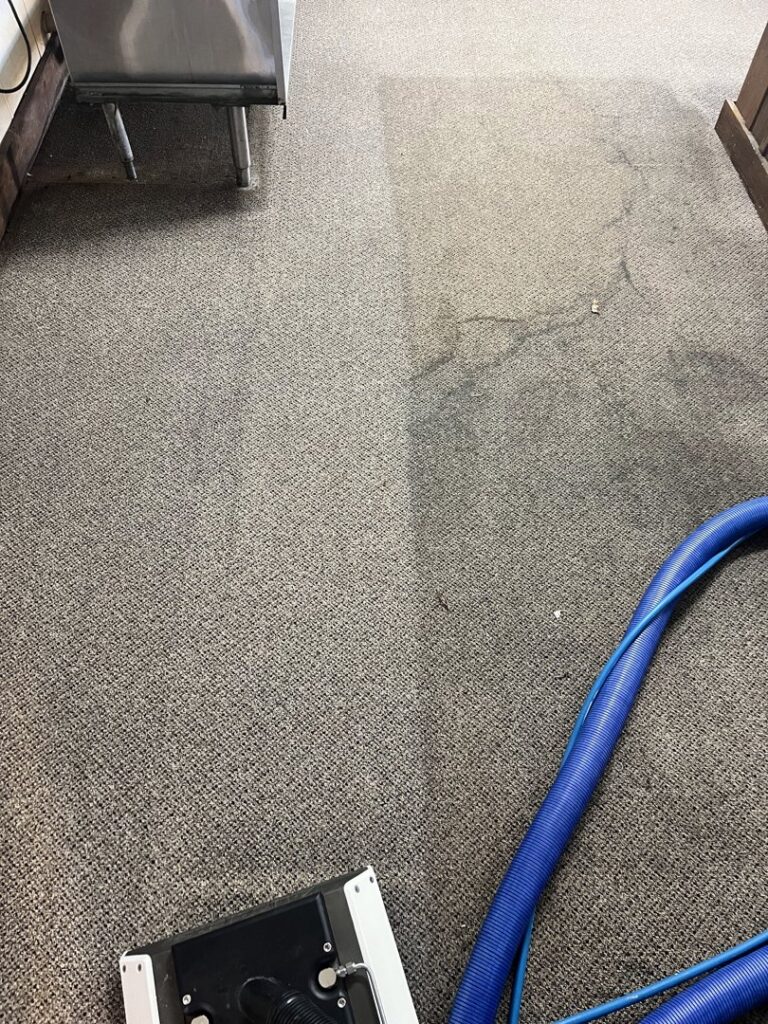Commercial carpet cleaning in progress, showing before and after results by Yellow Van Cleaning & Restoration in Kearney, NE