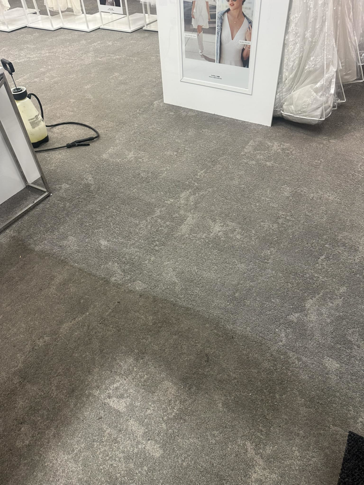 Commercial carpet cleaning in progress, showing a clean and dirty section, by Fresh Step Cleaning Services in Owensboro, KY