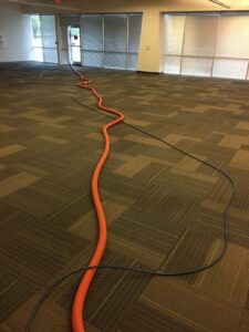 A long orange hose for commercial carpet cleaning laid across patterned carpet tiles by TLC Carpet Cleaning, Inc. in Lewisville, TX.