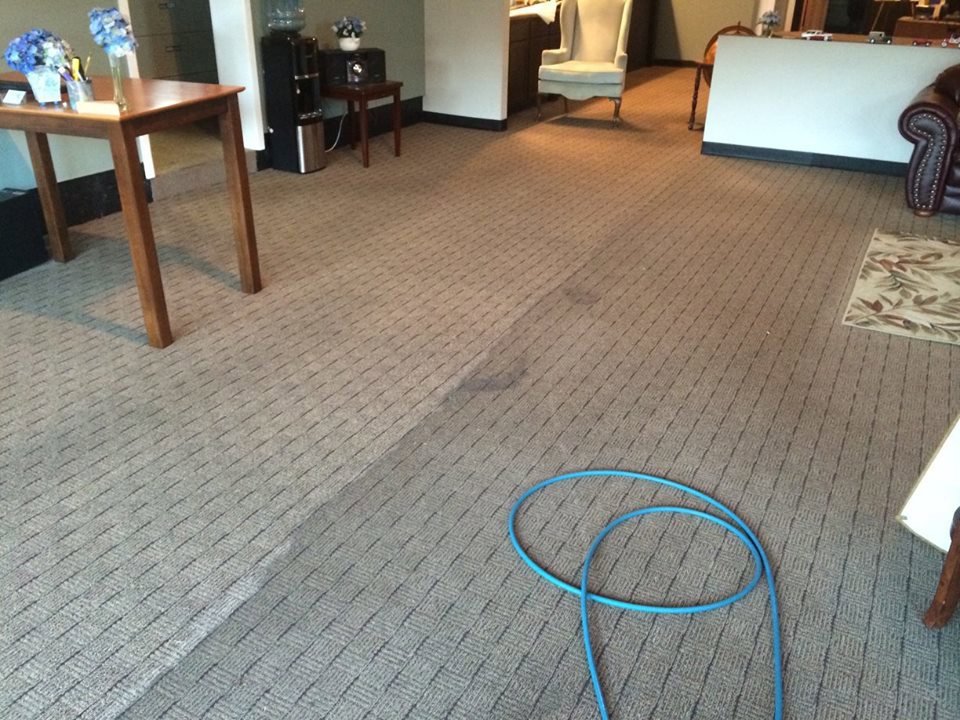 Commercial carpet cleaning in progress, showing a clean section and cleaning hose by Arthur's Always Clean in Rochester, NH.
