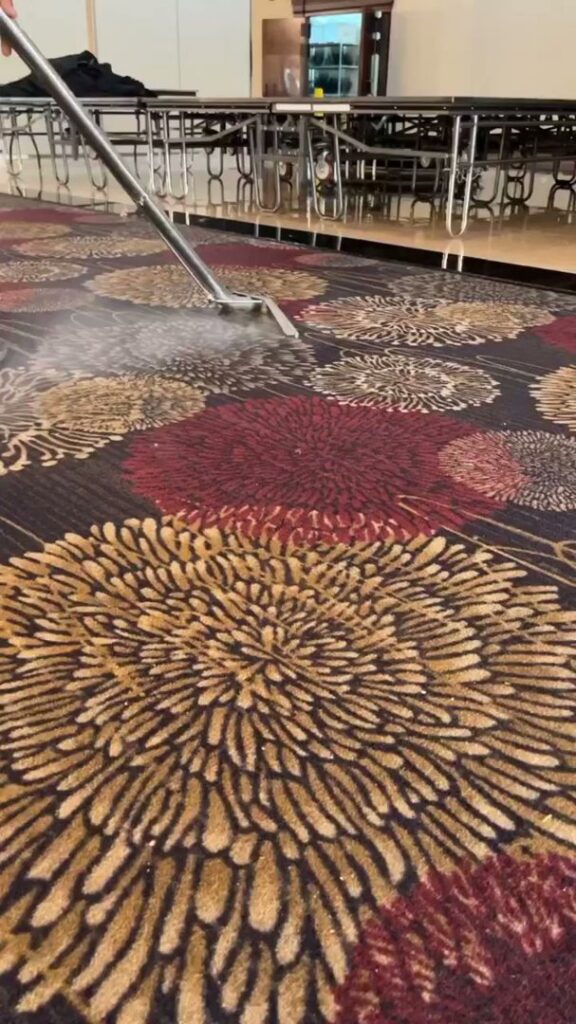 A professional carpet cleaning machine cleaning a patterned commercial carpet by Dry Green Cleaning in Detroit, MI.