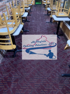 Commercial carpet cleaning in a restaurant with chairs stacked, performed by All Virginia Cleaning Solutions, LLC. in Henrico, VA.