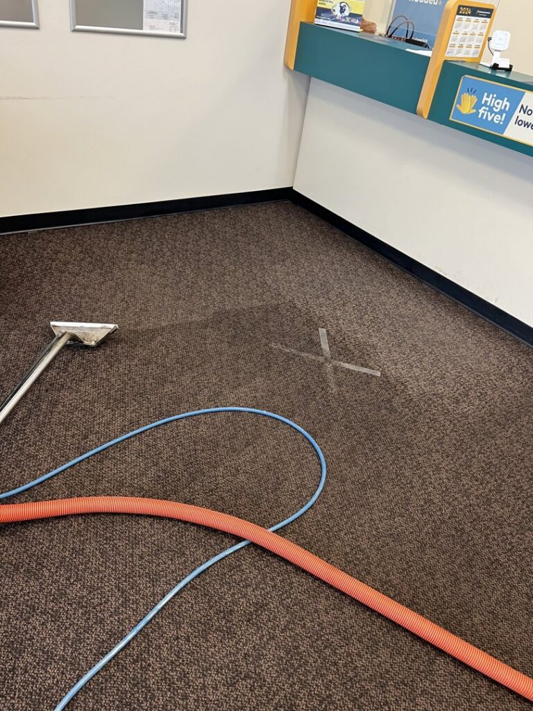 Carpet cleaning equipment on a brown commercial carpet, showing a clean spot, by Reynolds Carpet Care in Henrico, VA.
