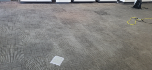 Commercial carpet tiles showing areas needing cleaning, with a power cord, by Leiter's Carpet Cleaning in Fort Wayne, IN.