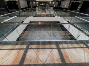 Overhead view of a commercial space with new carpet installation by Brothers Flooring in Spokane, WA.