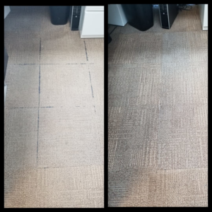 Before and after of commercial carpet tiles professionally cleaned by Best Results Carpet & Upholstery Cleaning in Naperville, IL.