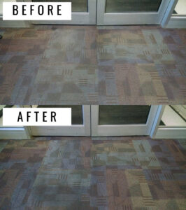 Before and after comparison of commercial carpet tile cleaning by Reliable Floor Care in Waukesha, WI.