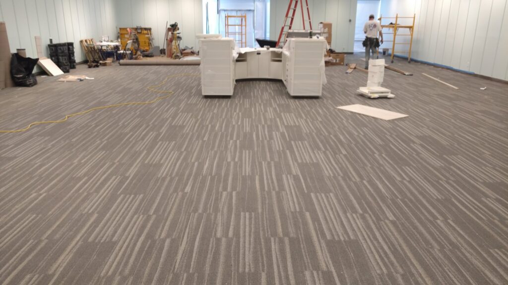 Commercial carpet tile installation in a large office space by George Babb Floor Covering in Enumclaw, WA.