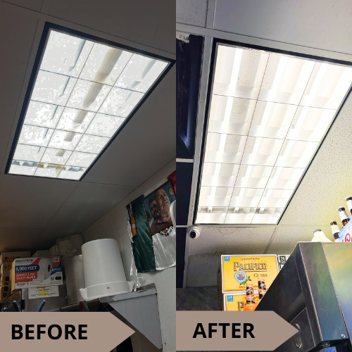 Before and after of a commercial ceiling light upgrade by Electro Flash Services LLC in Denver, CO