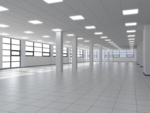 A large commercial space with numerous square ceiling lights, installed by Vitality Electric in Sacramento, CA.