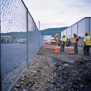 Commercial chain-link fence installation with workers and equipment by Roanoke Fence Company in Roanoke, VA.