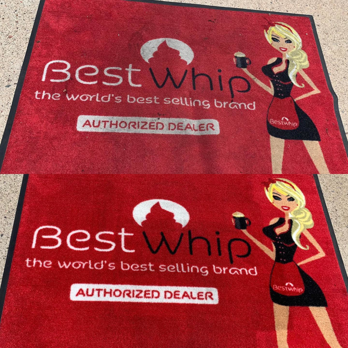 A commercial door mat showing a dramatic before and after cleaning by Humble Carpet Cleaners in Mesa, AZ