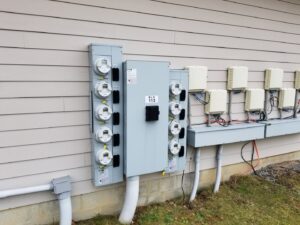 A large commercial electric meter and panel installation on a building by Cargo Electric LLC in Pittsburgh, PA