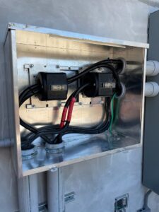Detailed view of commercial electrical box wiring and components installed by A Solid Connection Electrical Services in Brandon, FL.