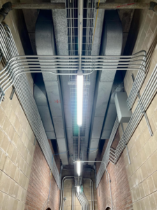 Overhead view of commercial electrical conduit and lighting installation completed by Votaw Electric in Fort Wayne, IN