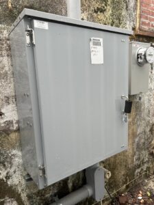 A commercial electrical meter and panel box installed by Parks Electric & Mechanical Co. in Newport News, VA.