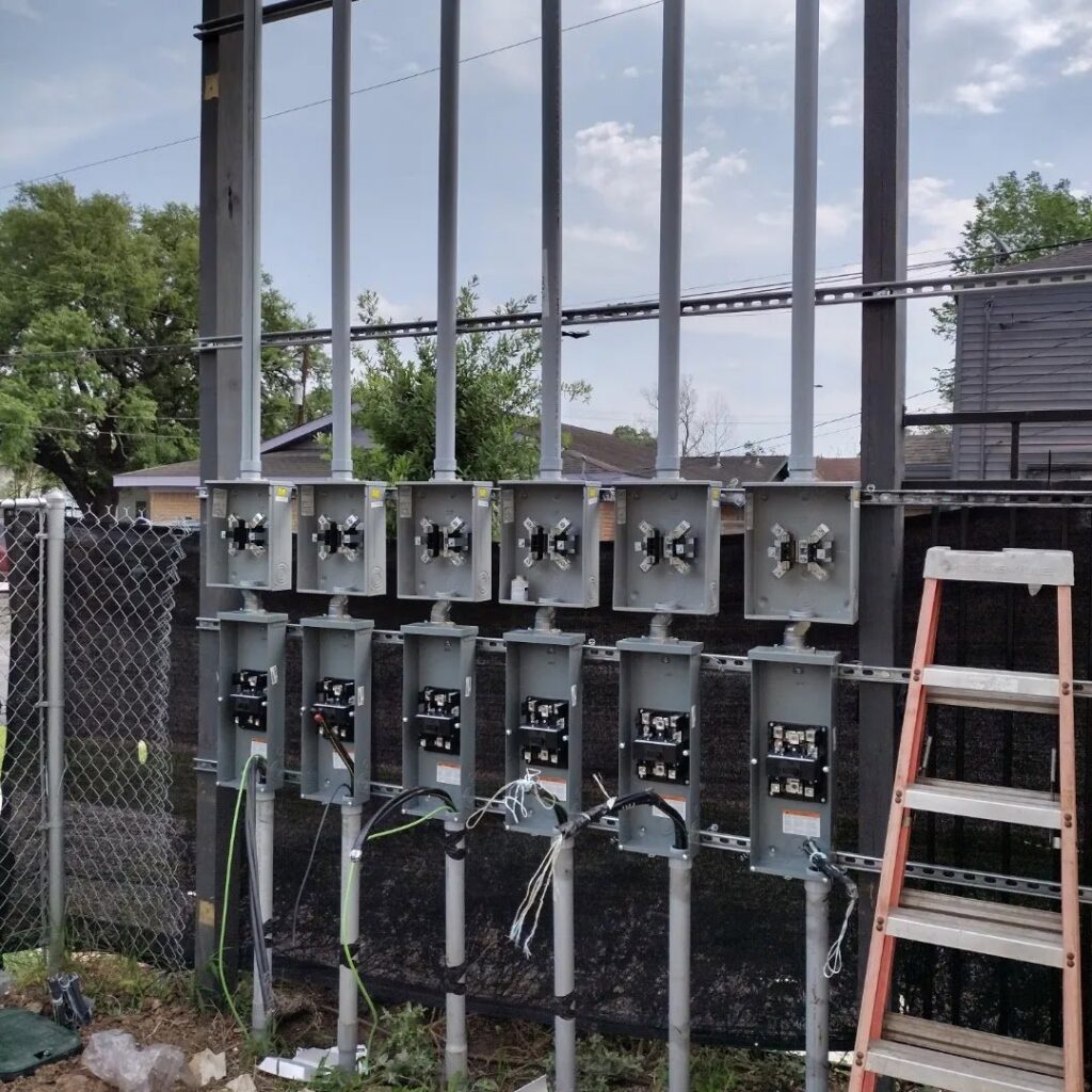 Multiple commercial electrical meter bases and breaker panels installed on a rack by Ark Electrical Service in Tomball, TX
