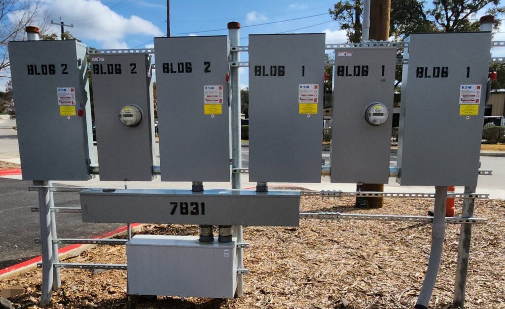 Commercial electrical meter panels installed by Mario Electric for multiple buildings in San Antonio, TX.