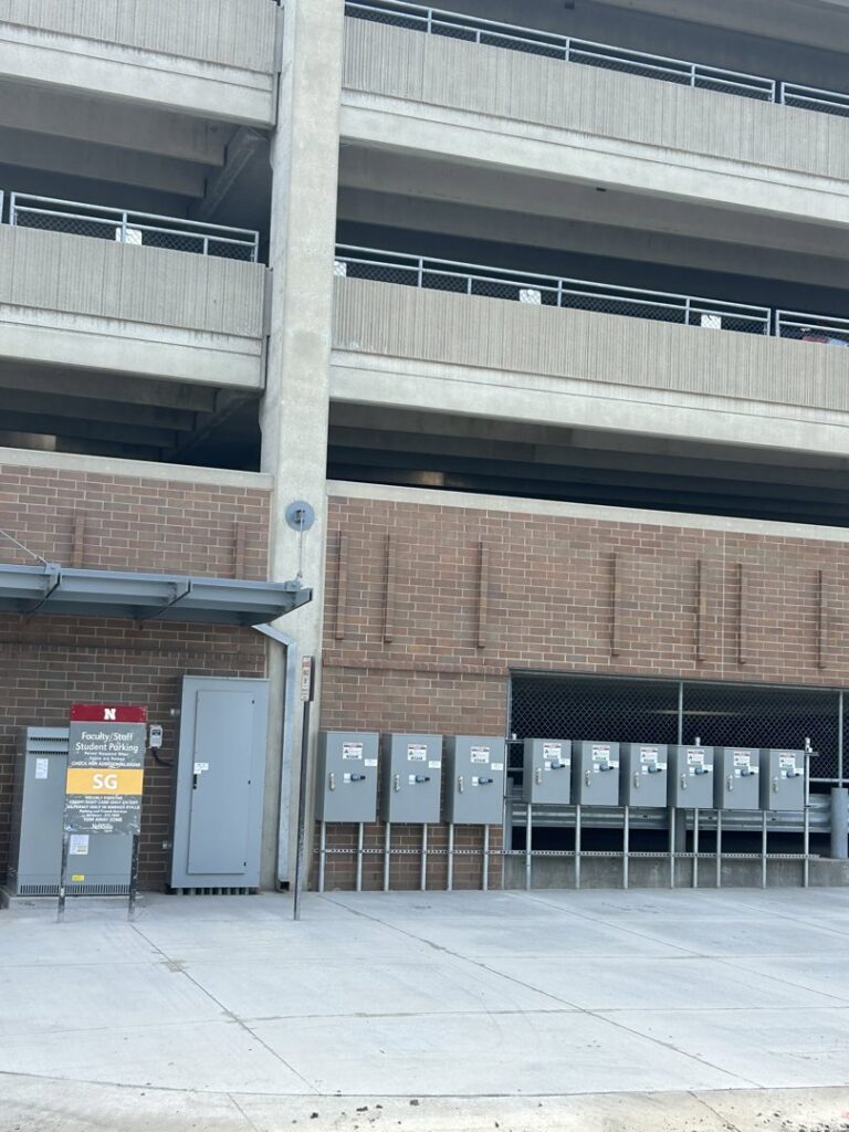 Commercial electrical meter and distribution panels installed on the exterior of a building by Wired Inc. in Lincoln, NE.