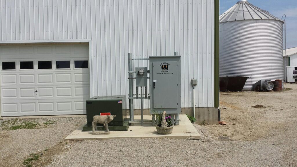 An outdoor commercial electrical panel and transformer installed by All Circuit Electrical LLC at a facility in Bryant, IN.