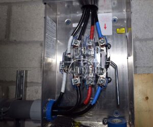 A commercial electrical panel with heavy gauge wiring installed by T-Volt, Inc. Electrical Contractor in Fort Lauderdale, FL.