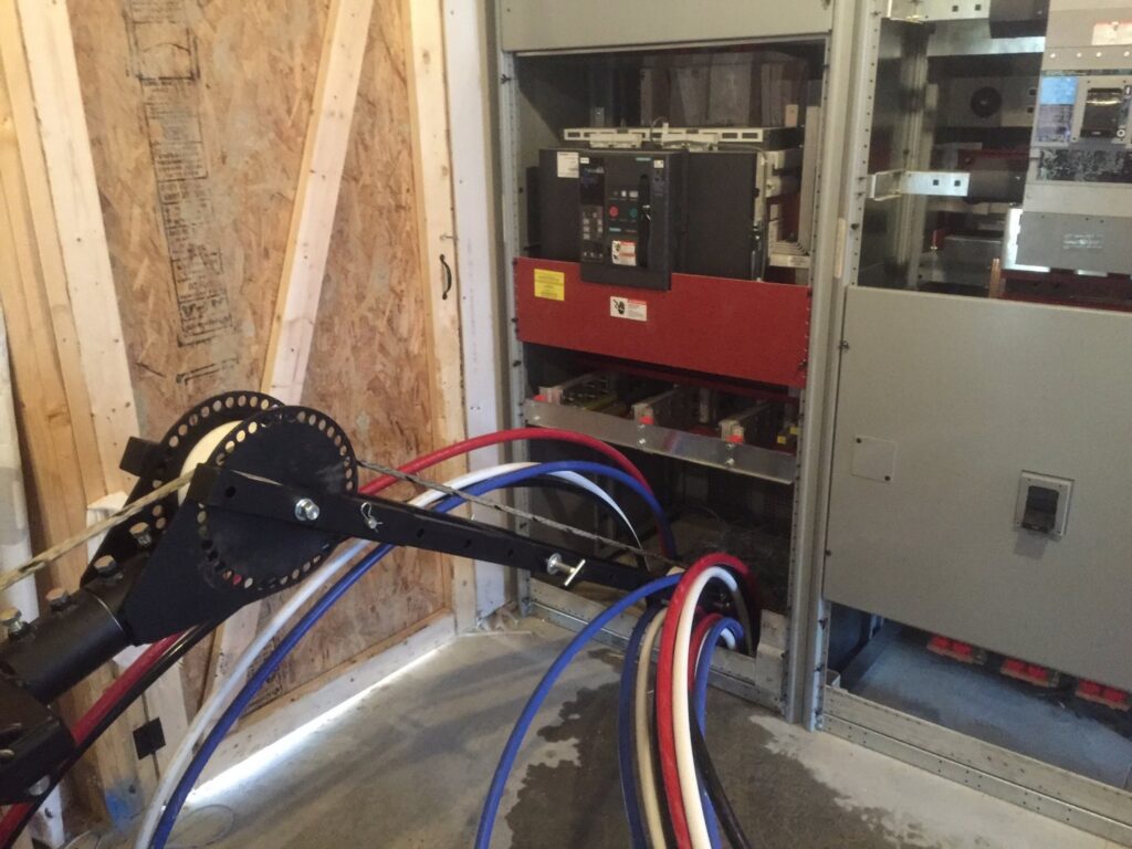 Complex wiring inside a commercial electrical panel installed by Bonham Electric, Inc. in Sacramento, CA.
