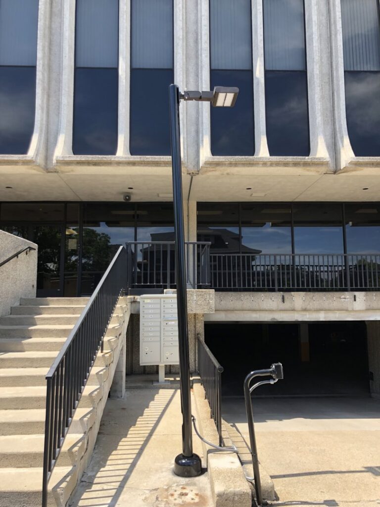 A newly installed commercial exterior LED light pole by Detroit Voltage in Detroit, MI.