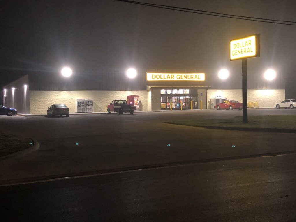 Bright commercial exterior lighting at a Dollar General store by Erbert Electric in Overland Park, KS