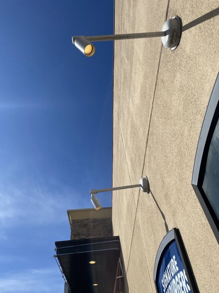 Exterior commercial lighting fixtures installed on a building by GBE. Lectrical LLC in Gaithersburg, MD