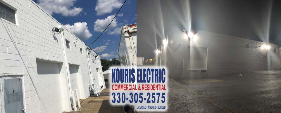 Before and after view of commercial exterior lighting installation completed by Kouris Electric LLC in Canton, OH.