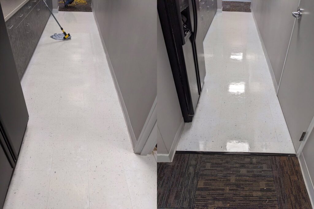 Before and after comparison of commercial floor cleaning by Accent Carpet & Upholstery Cleaners in Pittsburgh, PA.