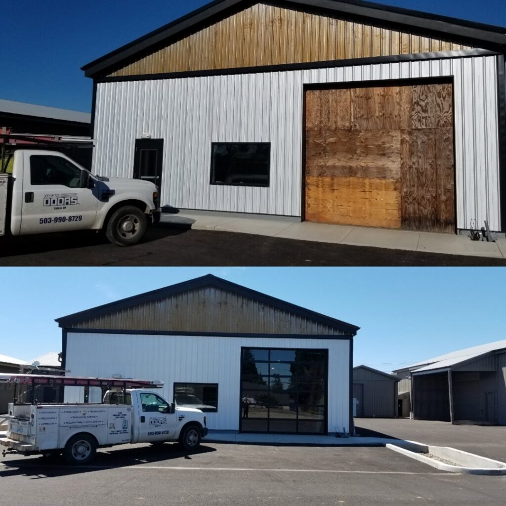 Before and after view of a commercial garage door replacement by Xpress Doors LLC in Salem, OR, with company truck