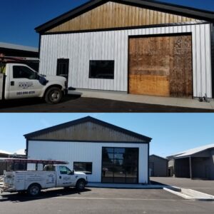 Before and after view of a commercial garage door replacement by Xpress Doors LLC in Salem, OR, with company truck