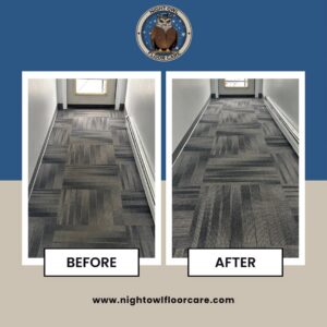 Before and after photos of commercial hallway carpet cleaning by Night Owl Floor Care in Wasilla, AK.