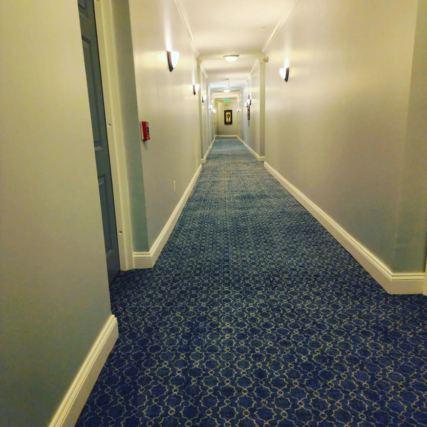 A long commercial hallway with newly installed blue patterned carpet by Yankees Carpet Inc in Baltimore, MD