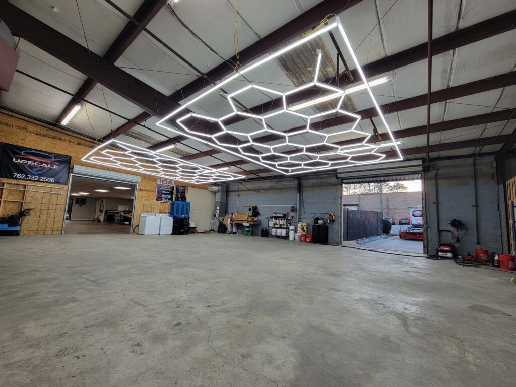 Newly installed hexagonal LED lighting system in a commercial space by Sherrill Company, LLC Electrical Contractors in Columbus, GA.