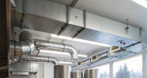 Large commercial HVAC ductwork and ventilation systems installed on a ceiling by Precision Vac in Thornton, CO.