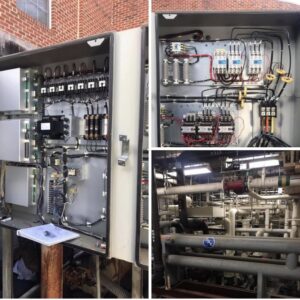A collage showing commercial HVAC electrical panels and complex piping systems serviced by Systematic Heating & Air in Winston-Salem, NC.