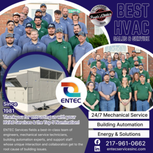 A large commercial HVAC rooftop unit installed by ENTEC Services, Inc. in Bartonville, IL
